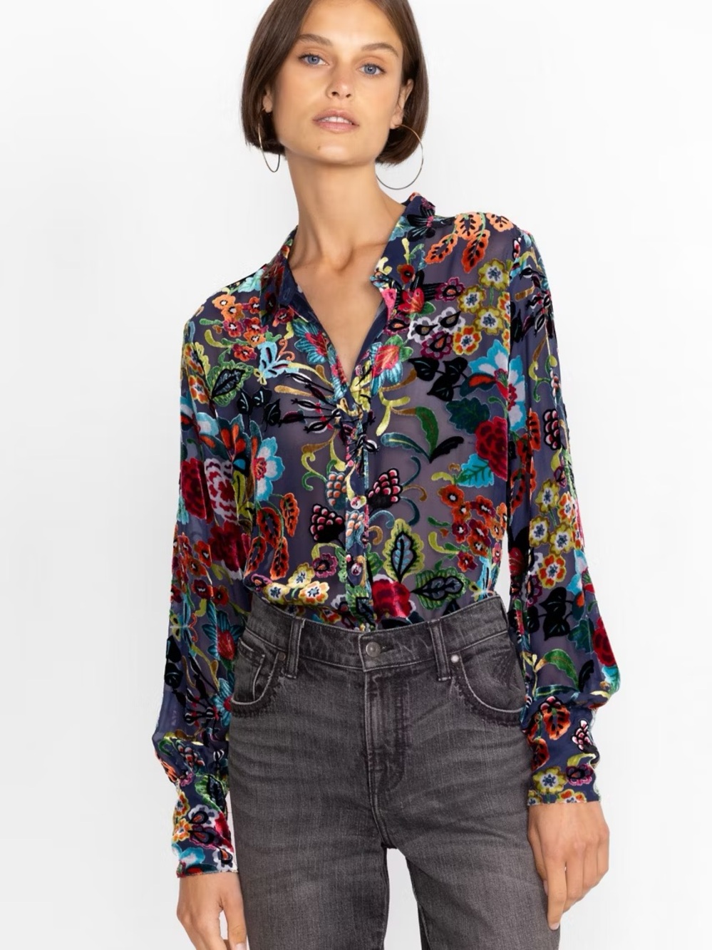 Johnny Was Minto Burnout Yrene Silk Blouse
Size XS